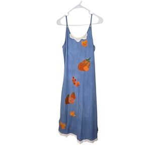 Vintage Y2K American Outpost Pumpkin Denim Jumper Dress Size L Fall Autumn Midi